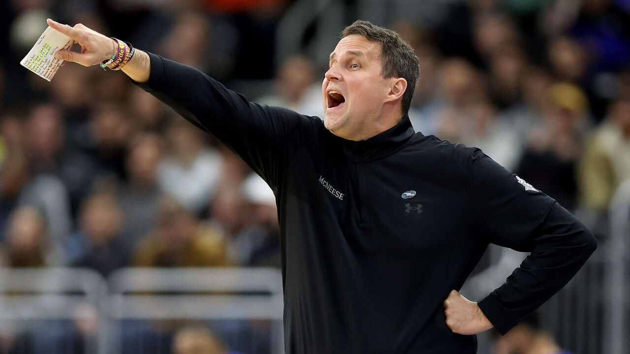 PROVIDENCE, RHODE ISLAND - MARCH 20: Head coach Will Wade of the McNeese State Cowboys reacts against the Clemson Tigers during the first half in the first round of the NCAA Men's Basketball Tournament at Amica Mutual Pavillion on March 20, 2025 in Providence, Rhode Island.