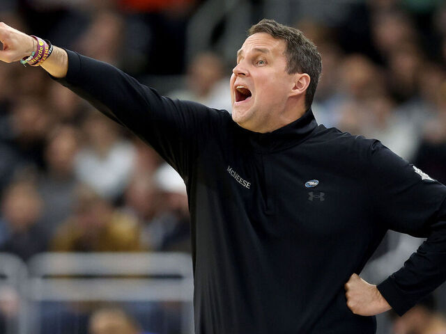 PROVIDENCE, RHODE ISLAND - MARCH 20: Head coach Will Wade of the McNeese State Cowboys reacts against the Clemson Tigers during the first half in the first round of the NCAA Men's Basketball Tournament at Amica Mutual Pavillion on March 20, 2025 in Providence, Rhode Island.