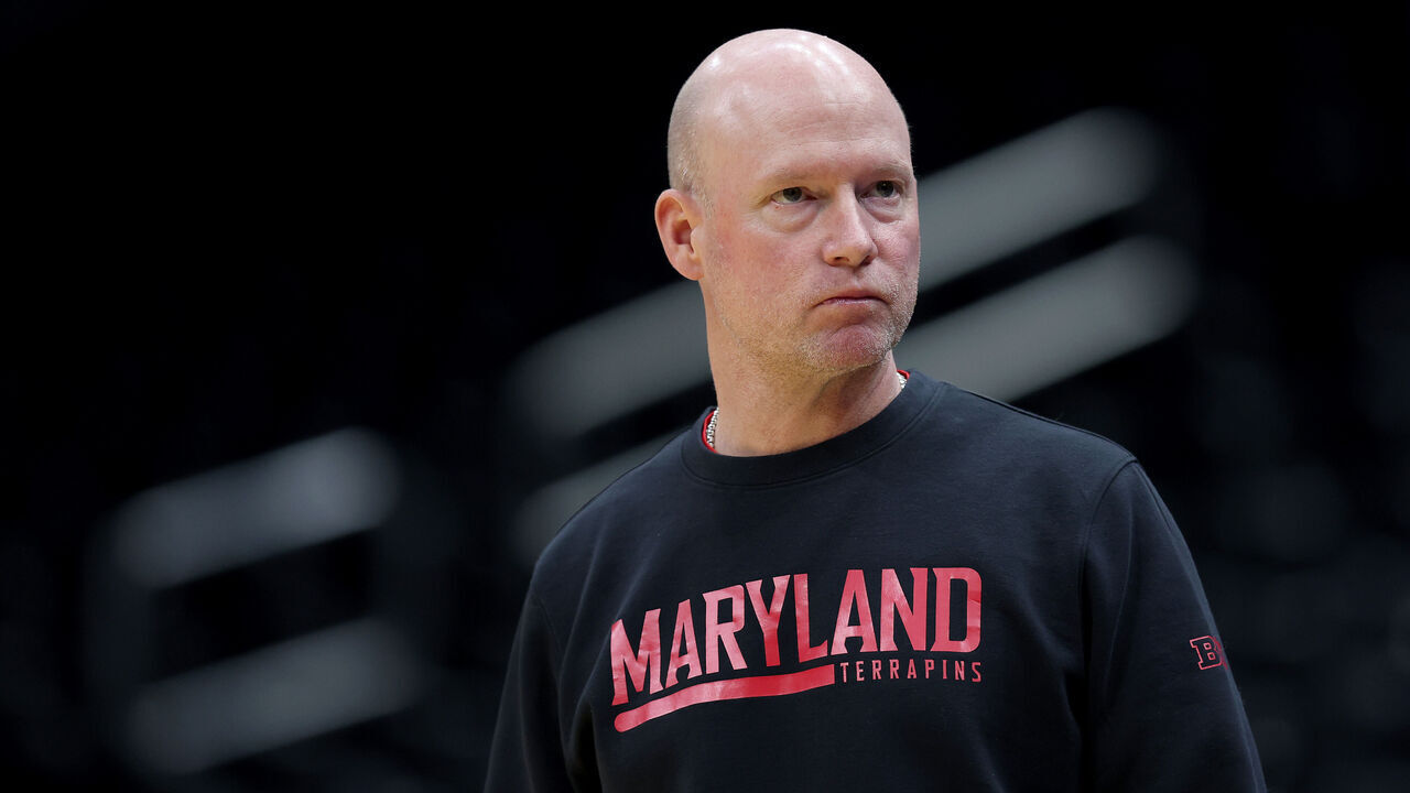 SEATTLE, WASHINGTON - MARCH 20: Head coach Kevin Willard of the Maryland Terrapins looks on during practice before the NCAA Men's Basketball Tournament First and Second Rounds at Climate Pledge Arena on March 20, 2025 in Seattle, Washington.
