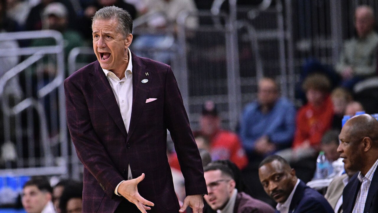 PROVIDENCE, RHODE ISLAND - MARCH 20: Head coach John Calipari of the Arkansas Razorbacks works the sideline during the first round of the 2025 NCAA Men's Basketball Tournament held at Amica Mutual Pavillion on March 20, 2025 in Providence, Rhode Island.