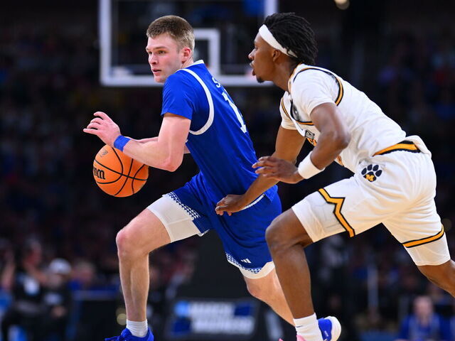 WICHITA, KANSAS - MARCH 20: Bennett Stirtz #14 of the Drake Bulldogs drives the ball against Missouri Tigers during the first round of the 2025 NCAA Men's Basketball Tournament held at INTRUST Arena on March 20, 2025 in Wichita, Kansas.