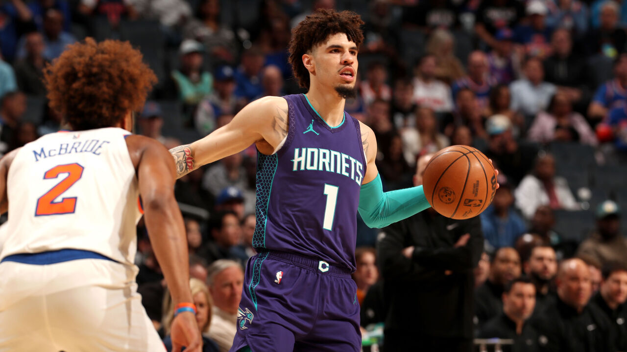 CHARLOTTE, NC - MARCH 20: LaMelo Ball #1 of the Charlotte Hornets handles the ball during the game against the New York Knicks on March 20, 2025 at Spectrum Center in Charlotte, North Carolina. Mandatory Copyright Notice: Copyright 2025 NBAE