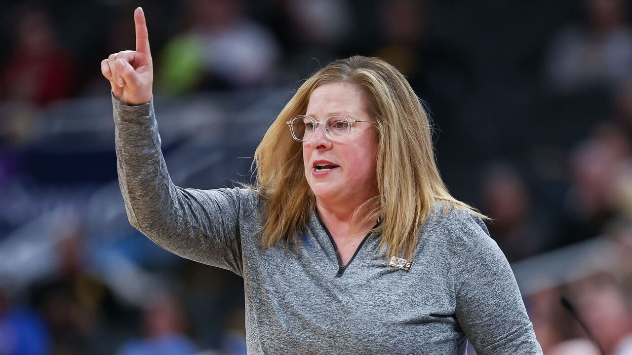 INDIANAPOLIS, INDIANA - MARCH 7: Head coach Cori Close of the UCLA Bruins coaches during the game against the Nebraska Cornhuskers in the Big Ten Women's Basketball Tournament quarterfinals at Gainbridge Fieldhouse on March 7, 2025 in Indianapolis, Indiana.