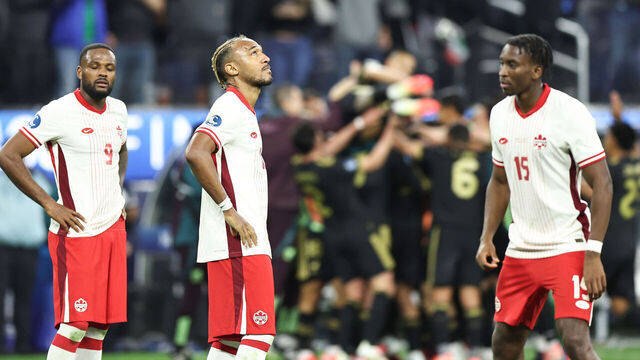 INGLEWOOD, CALIFORNIA - MARCH 20: Derek Cornelius #13 of Canada (C) reacts during the second half of the Concacaf Nations League Semifinal match between Canada and Mexico at SoFi Stadium on March 20, 2025 in Inglewood, California.