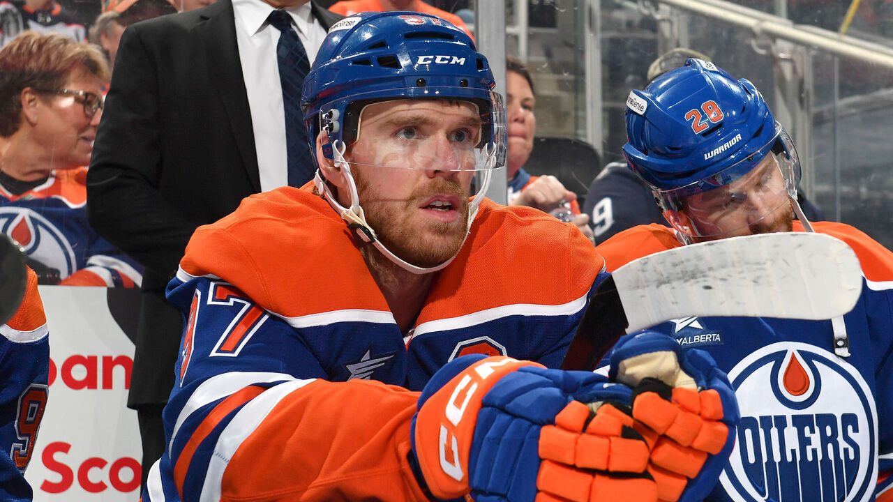 EDMONTON, CANADA - MARCH 20: Connor McDavid #97 of the Edmonton Oilers looks on from the bench prior to the game against the Winnipeg Jets at Rogers Place on March 20, 2025, in Edmonton, Alberta, Canada.