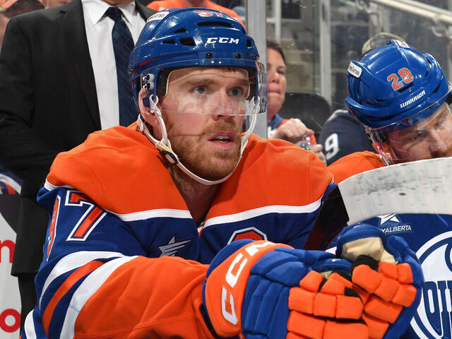 EDMONTON, CANADA - MARCH 20: Connor McDavid #97 of the Edmonton Oilers looks on from the bench prior to the game against the Winnipeg Jets at Rogers Place on March 20, 2025, in Edmonton, Alberta, Canada.