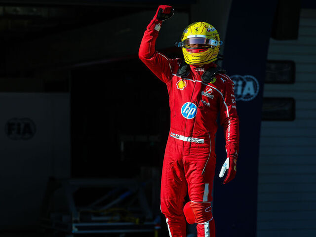 SHANGHAI, CHINA - MARCH 21: Lewis Hamilton of Great Britain and Ferrari celebrates Sprint Pole during practice/Sprint qualifying ahead of the F1 Grand Prix of China at Shanghai International Circuit on March 21, 2025 in Shanghai, China.