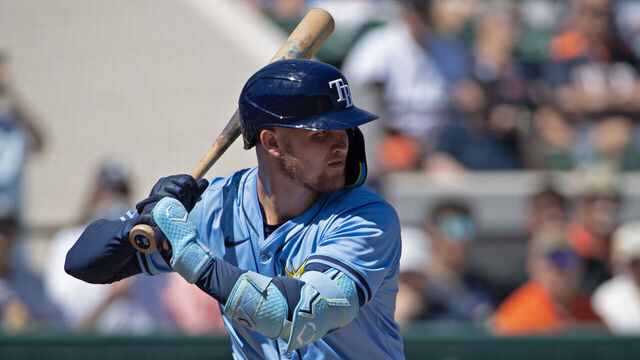 LAKELAND, FLORIDA - MARCH 12: Curtis Mead #25 of the Tampa Bay Rays bats during a spring training game against the Detroit Tigers at Publix Field at Joker Marchant Stadium on March 12, 2025 in Lakeland, Florida.