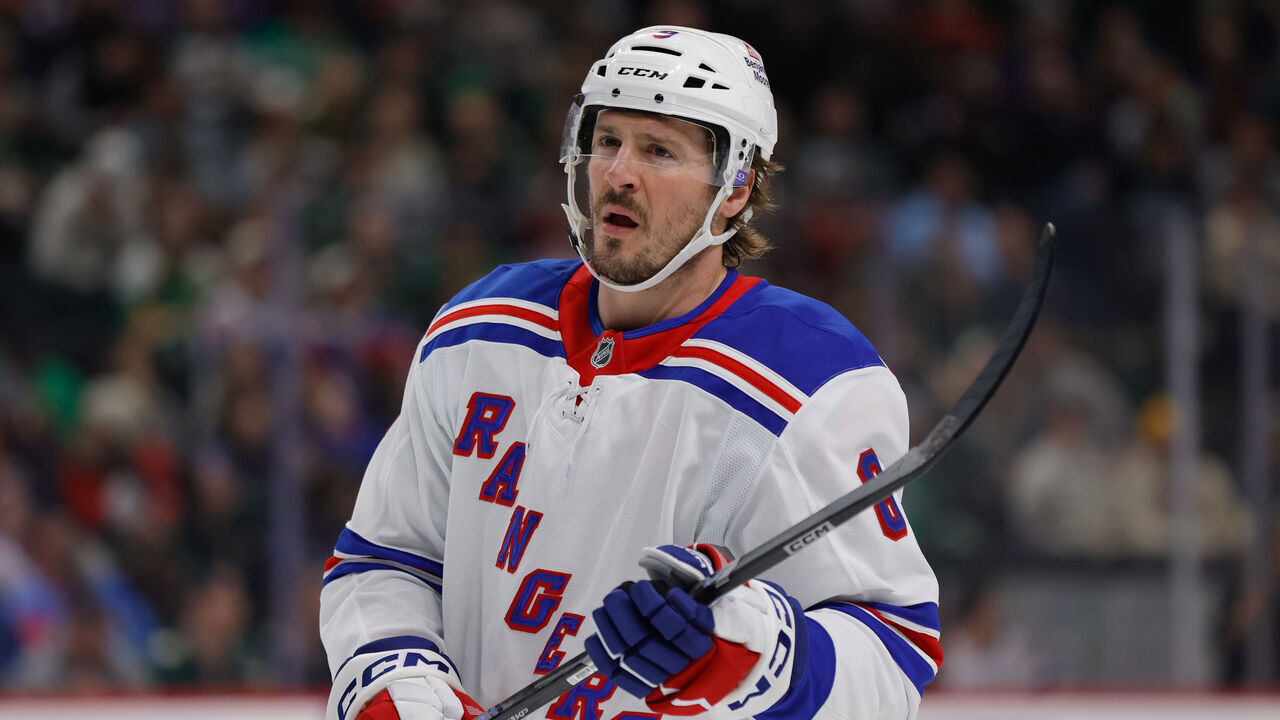 ST. PAUL, MN - MARCH 13: New York Rangers left wing J.T. Miller (8) looks on during first period of an NHL game between the New York Rangers and Minnesota Wild on March 13th, 2025, at the Xcel Energy Center in St. Paul, MN.