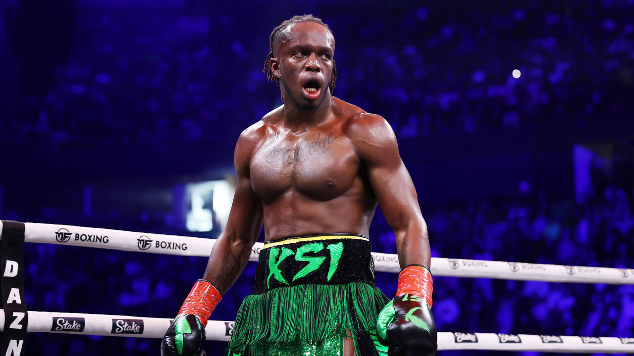 MANCHESTER, ENGLAND - OCTOBER 14: KSI (Olajide Olayinka Williams) reacts during the Misfits Cruiserweight fight between KSI (Olajide Olayinka Williams) and Tommy Fury at AO Arena on October 14, 2023 in Manchester, England.