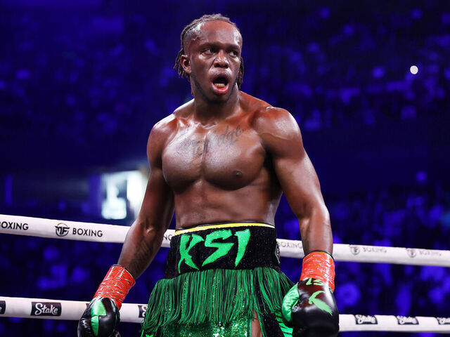 MANCHESTER, ENGLAND - OCTOBER 14: KSI (Olajide Olayinka Williams) reacts during the Misfits Cruiserweight fight between KSI (Olajide Olayinka Williams) and Tommy Fury at AO Arena on October 14, 2023 in Manchester, England.
