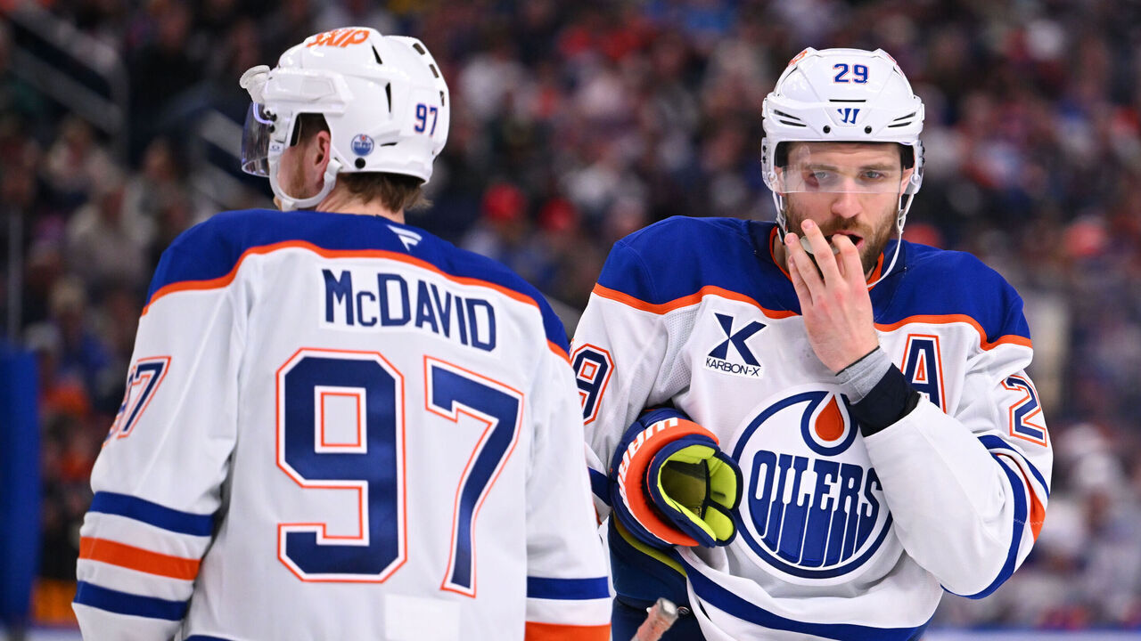 BUFFALO, NY - MARCH 10: Connor McDavid #97 chats with Leon Draisaitl #29 of the Edmonton Oilers prior to a face-off during an NHL game against the Buffalo Sabres on March 10, 2025 at KeyBank Center in Buffalo, New York.