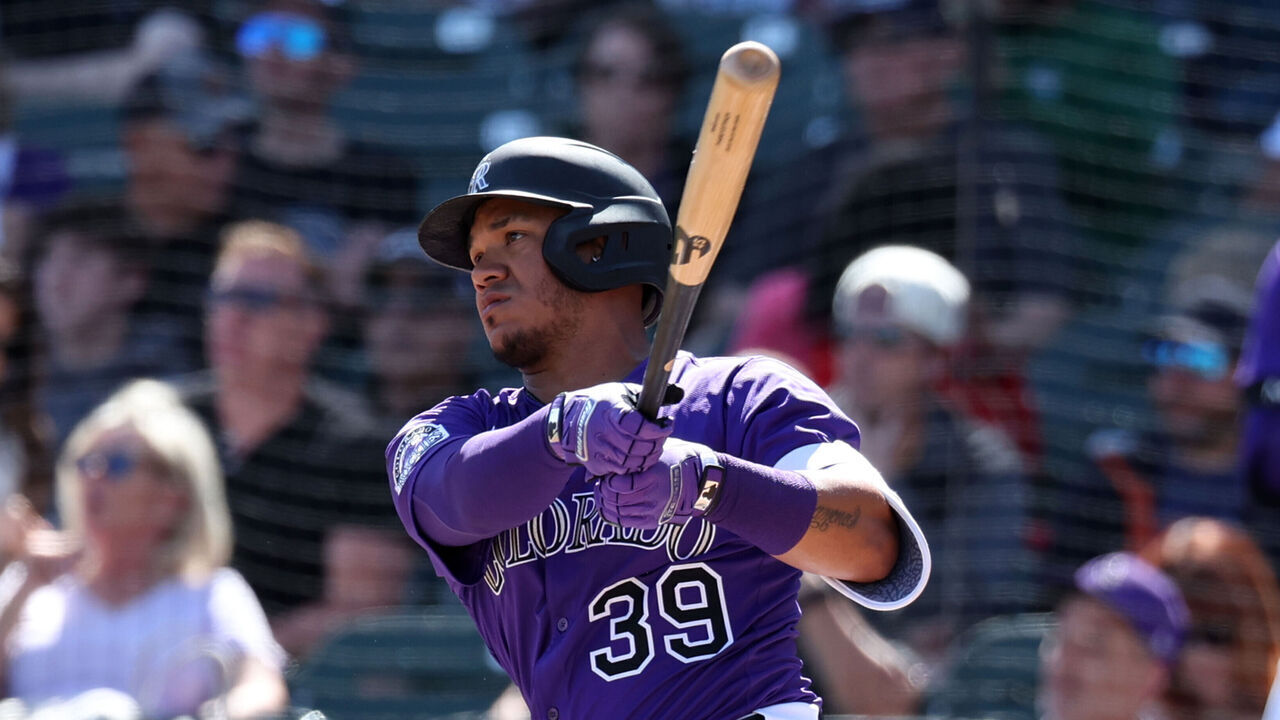 SCOTTSDALE, AZ - MARCH 2: Thairo Estrada #39 of the Colorado Rockies bats during the game against the Seattle Mariners at Salt River Fields at Talking Stick on March 2, 2025 in Scottsdale, AZ.