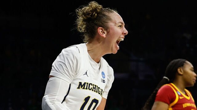 SOUTH BEND, IN - MARCH 21: Jordan Hobbs #10 of Michigan celebrates a lay up during a game between Iowa State and Michigan at Purcell Pavilion at The Joyce Center on March 21, 2025 in South Bend, Indiana.