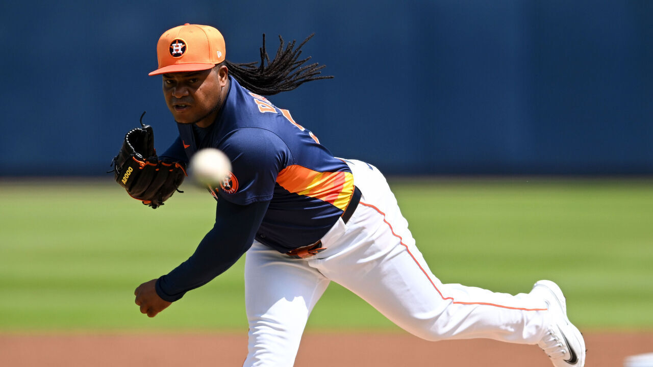 WEST PALM BEACH, FLORIDA - MARCH 15: Framber Valdez #59 of the Houston Astros throws a pitch during the first inning of a spring training game against the Miami Marlins at CACTI Park of the Palm Beaches on March 15, 2025 in West Palm Beach, Florida.
