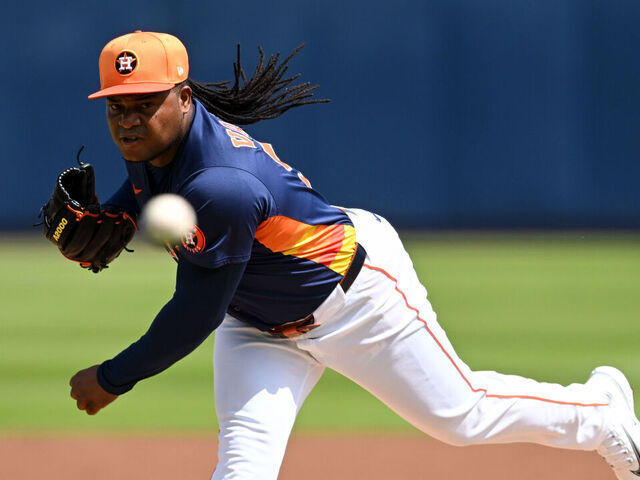 WEST PALM BEACH, FLORIDA - MARCH 15: Framber Valdez #59 of the Houston Astros throws a pitch during the first inning of a spring training game against the Miami Marlins at CACTI Park of the Palm Beaches on March 15, 2025 in West Palm Beach, Florida.