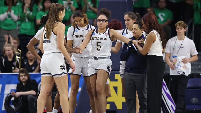 SOUTH BEND, INDIANA - MARCH 21: Olivia Miles #5 of the Notre Dame Fighting Irish is helped up off the floor after being injured Stephen F. Austin Ladyjacks during the second half in the first round of the NCAA Women's Basketball Tournament at Purcell Pavilion at the Joyce Center on March 21, 2025 in South Bend, Indiana.