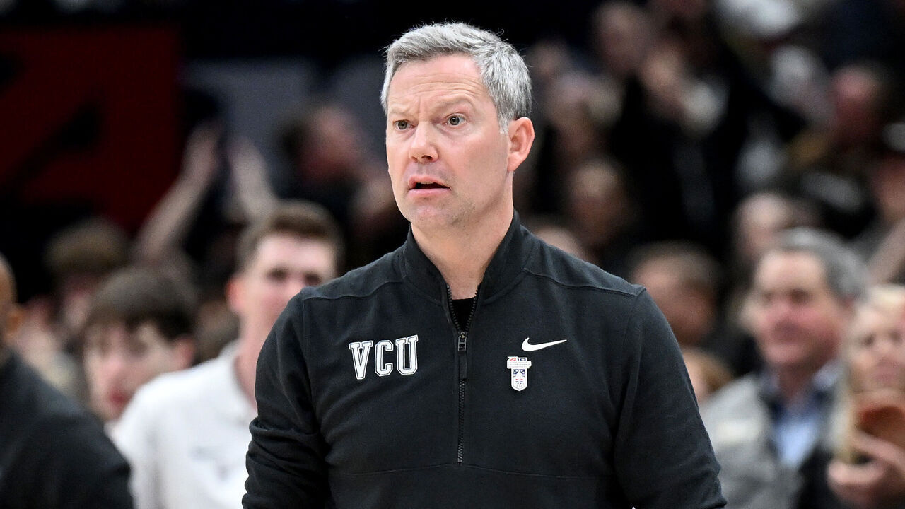 WASHINGTON, DC - MARCH 16: Head coach Ryan Odom of the Virginia Commonwealth Rams looks on against the George Mason Patriots during the championship game of the A10 men's basketball tournament at Capital One Arena on March 16, 2025 in Washington, DC.
