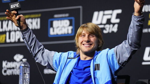 LAS VEGAS, NEVADA - MARCH 07: Paddy Pimblett is seen on stage during the UFC 314 press conference at Michelob ULTRA Arena on March 07, 2025 in Las Vegas, Nevada.