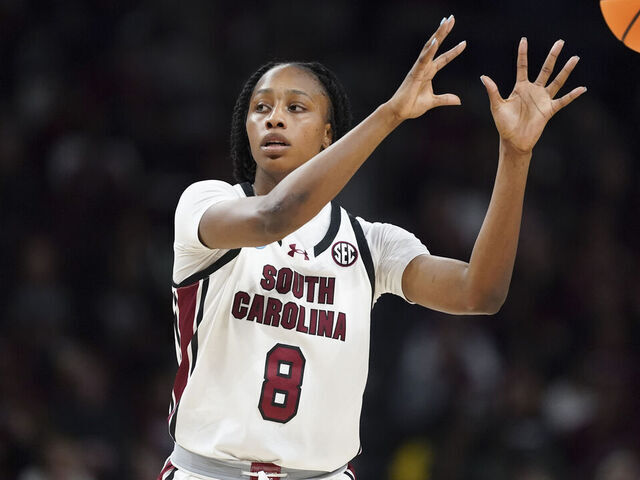 COLUMBIA, SOUTH CAROLINA - MARCH 21: Joyce Edwards #8 of the South Carolina Gamecocks receives a pass during the second half of a first round game against the Tennessee Tech Golden Eagles in the NCAA Women's basketball tournament on March 21, 2025 in Columbia, South Carolina. The South Carolina Gamecocks won 108-48.