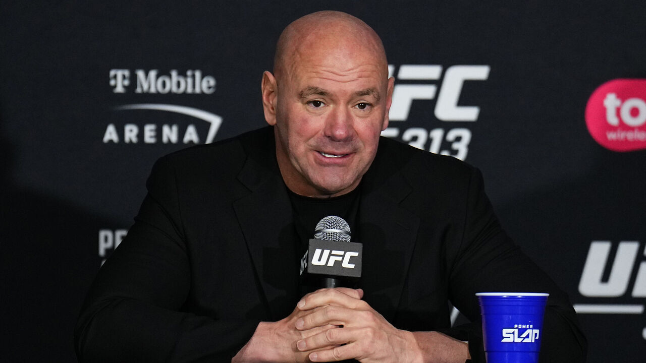 LAS VEGAS, NEVADA - MARCH 08: UFC CEO Dana White holds a press conference after the UFC 313 event at T-Mobile Arena on March 08, 2025 in Las Vegas, Nevada.