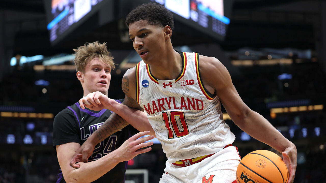 SEATTLE, WASHINGTON - MARCH 21: Duke Brennan #24 of the Grand Canyon Antelopes defends against Julian Reese #10 of the Maryland Terrapins during the second half in the first round of the NCAA Men's Basketball Tournament at Climate Pledge Arena on March 21, 2025 in Seattle, Washington.