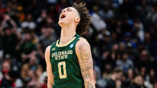 SEATTLE, WASHINGTON - MARCH 21: Kyan Evans #0 of the Colorado State Rams celebrates during the second half of the game against the Memphis Tigers in the first round of the 2025 NCAA Men's Basketball Tournament held at Climate Pledge Arena on March 21, 2025 in Seattle, Washington.