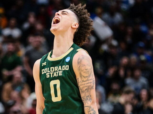 SEATTLE, WASHINGTON - MARCH 21: Kyan Evans #0 of the Colorado State Rams celebrates during the second half of the game against the Memphis Tigers in the first round of the 2025 NCAA Men's Basketball Tournament held at Climate Pledge Arena on March 21, 2025 in Seattle, Washington.