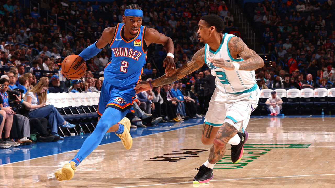 OKLAHOMA CITY, OK - March 21: Shai Gilgeous-Alexander #2 of the Oklahoma City Thunder dribbles the ball during the game against the Charlotte Hornets on March 21, 2025 at Paycom Center in Oklahoma City, Oklahoma. Mandatory Copyright Notice: Copyright 2024 NBAE