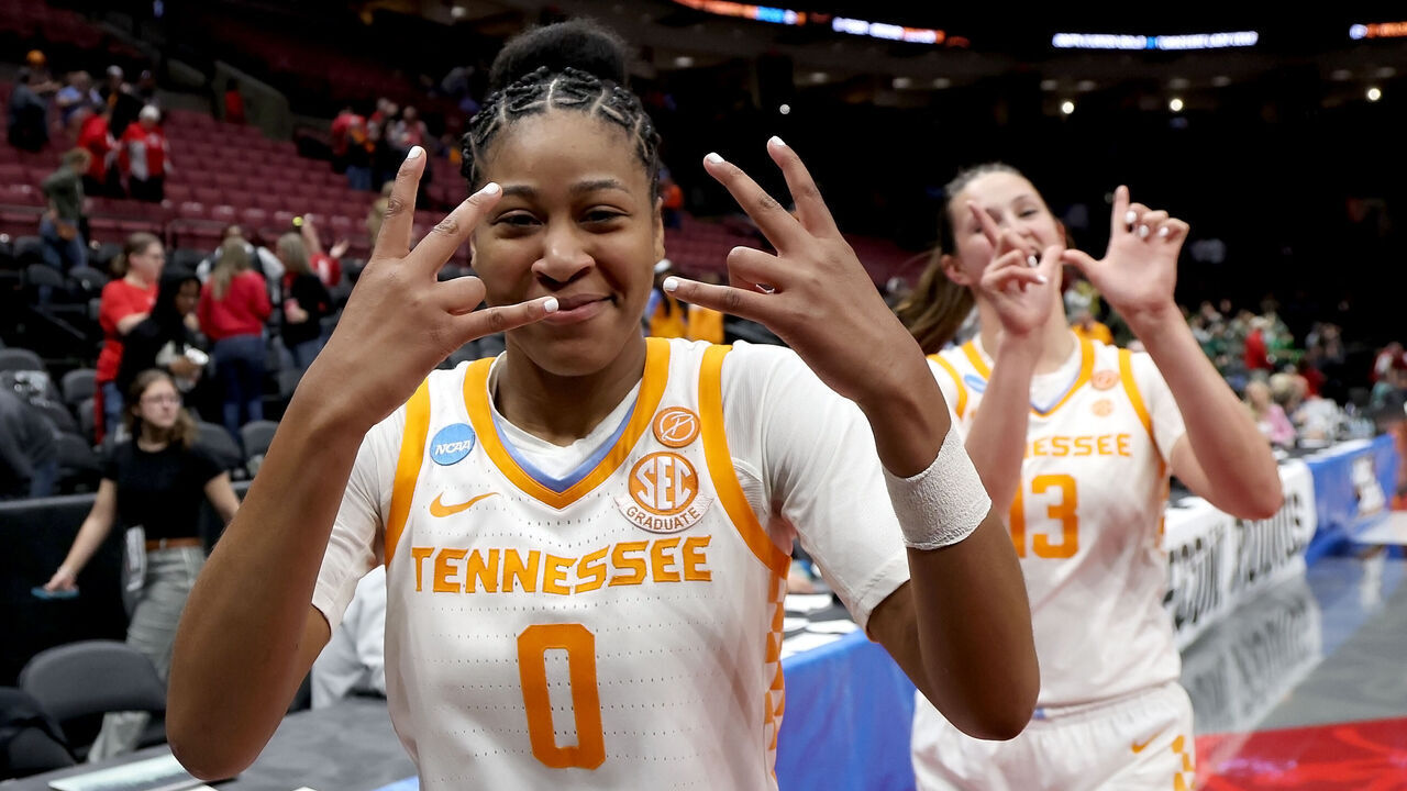 COLUMBUS, OHIO - MARCH 21: Jewel Spear #0 of the Tennessee Lady Volunteers and Avery Strickland #13 celebrate while leaving the court after defeating the South Florida Bulls during a first round game of the women's NCAA basketball tournament at Jerome Schottenstein Center on March 21, 2025 in Columbus, Ohio. Tennessee defeated South Florida 101-66.