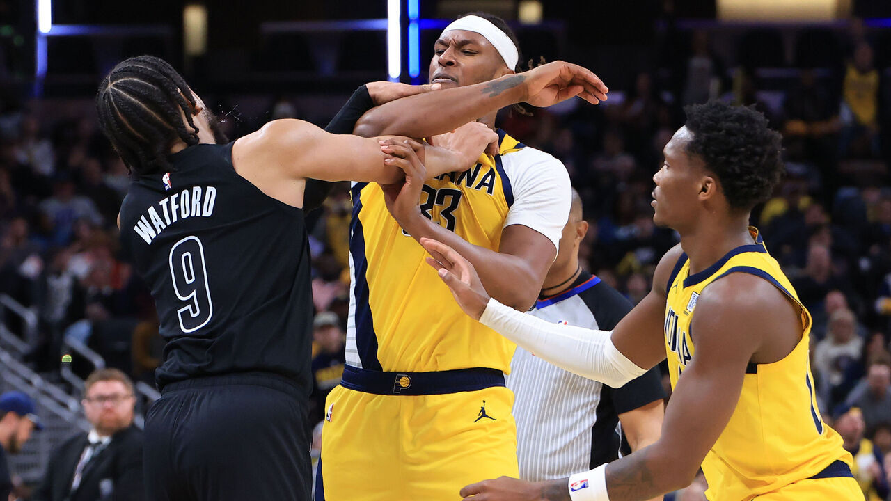 INDIANAPOLIS, INDIANA - MARCH 20: Trendon Watford #9 of the Brooklyn Nets and Myles Turner #33 of the Indiana Pacers get into an altercation during the second half at Gainbridge Fieldhouse on March 20, 2025 in Indianapolis, Indiana.