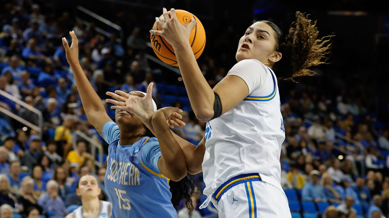 LOS ANGELES, CA - MARCH 21: UCLA Bruins center Lauren Betts (51) catch the ball in the post during the first round of the NCAA Division I Women's Championship between Southern Lady Jaguars vs UCLA Bruins at Pauley Pavilion in Los Angeles, CA.