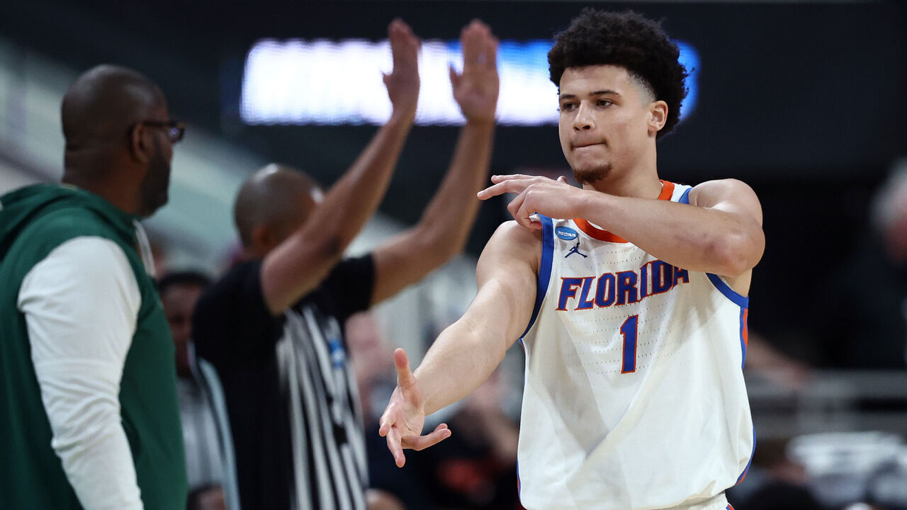 RALEIGH, NORTH CAROLINA - MARCH 21: Walter Clayton Jr. #1 of the Florida Gators celebrates after a three-point basket against the Norfolk State Spartans during the first half in the first round of the NCAA Men's Basketball Tournament at Lenovo Center on March 21, 2025 in Raleigh, North Carolina.