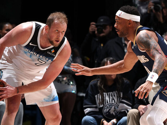 MINNEAPOLIS, MN - MARCH 21: Joe Ingles #7 of the Minnesota Timberwolves looks on during the game against the New Orleans Pelicans on March 21, 2025 at Target Center in Minneapolis, Minnesota. Mandatory Copyright Notice: Copyright 2025 NBAE