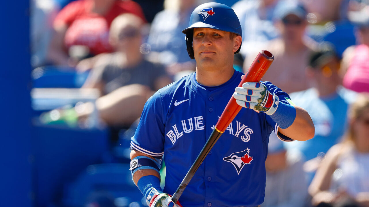 DUNEDIN, FLORIDA - FEBRUARY 28: Daulton Varsho #5 of the Toronto Blue Jays at bat in the fourth inning during a spring training game against the Detroit Tigers at TD Ballpark on February 28, 2025 in Dunedin, Florida.
