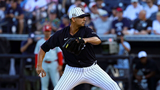 TAMPA, FL - MARCH 14: Carlos Carrasco #59 of the New York Yankees pitches during spring training at George M. Steinbrenner Field on March 14, 2025 in Tampa, Florida.
