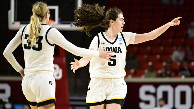 NORMAN, OKLAHOMA - MARCH 22: Ava Heiden #5 of the Iowa Hawkeyes points to her bench during the First Round of the 2025 NCAA Women's Basketball Tournament held at Lloyd Noble Center on March 22, 2025 in Norman, Oklahoma.