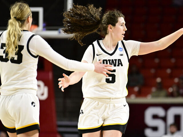 NORMAN, OKLAHOMA - MARCH 22: Ava Heiden #5 of the Iowa Hawkeyes points to her bench during the First Round of the 2025 NCAA Women's Basketball Tournament held at Lloyd Noble Center on March 22, 2025 in Norman, Oklahoma.