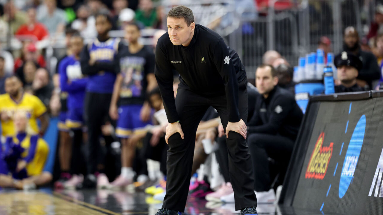 PROVIDENCE, RHODE ISLAND - MARCH 22: Head coach Will Wade of the McNeese State Cowboys looks on against the Purdue Boilermakers during the first half in the second round of the NCAA Men's Basketball Tournament at Amica Mutual Pavillion on March 22, 2025 in Providence, Rhode Island.