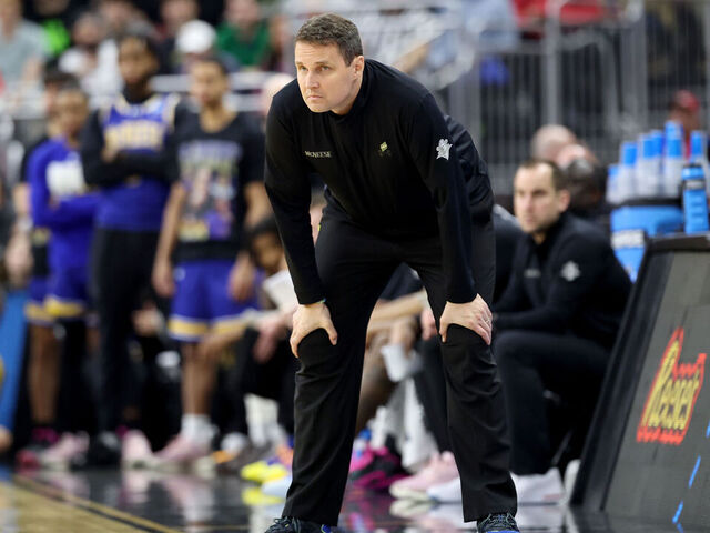 PROVIDENCE, RHODE ISLAND - MARCH 22: Head coach Will Wade of the McNeese State Cowboys looks on against the Purdue Boilermakers during the first half in the second round of the NCAA Men's Basketball Tournament at Amica Mutual Pavillion on March 22, 2025 in Providence, Rhode Island.