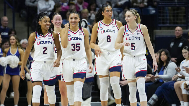 STORRS, CONNECTICUT - MARCH 22: KK Arnold #2, Ashlynn Shade #12, Azzi Fudd #35, Jana El Alfy #8 and Paige Bueckers #5 of the Connecticut Huskies take the court against the Arkansas State Red Wolves during the first half of a first round game of the women’s NCAA basketball tournament at the Harry A. Gampel Pavilion on March 22, 2025 in Storrs, Connecticut. The Huskies defeated the Red Wolves 103-34.