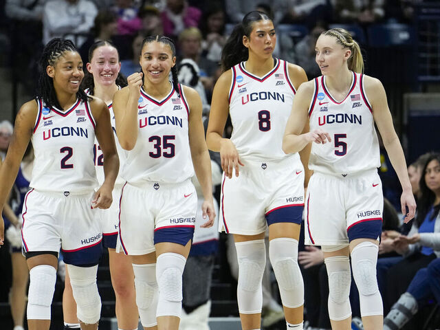 STORRS, CONNECTICUT - MARCH 22: KK Arnold #2, Ashlynn Shade #12, Azzi Fudd #35, Jana El Alfy #8 and Paige Bueckers #5 of the Connecticut Huskies take the court against the Arkansas State Red Wolves during the first half of a first round game of the women’s NCAA basketball tournament at the Harry A. Gampel Pavilion on March 22, 2025 in Storrs, Connecticut. The Huskies defeated the Red Wolves 103-34.