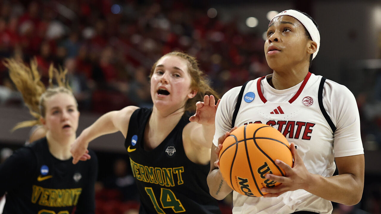 RALEIGH, NORTH CAROLINA - MARCH 22: Zoe Brooks #35 of the NC State Wolfpack drives to the basket during the second quarter against the Vermont Catamounts in the first round of the NCAA Women's Basketball Tournament at Reynolds Coliseum on March 22, 2025 in Raleigh, North Carolina.