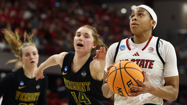 RALEIGH, NORTH CAROLINA - MARCH 22: Zoe Brooks #35 of the NC State Wolfpack drives to the basket during the second quarter against the Vermont Catamounts in the first round of the NCAA Women's Basketball Tournament at Reynolds Coliseum on March 22, 2025 in Raleigh, North Carolina.