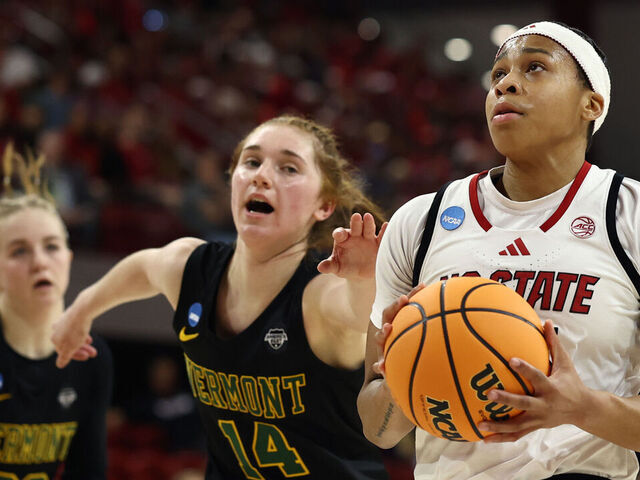 RALEIGH, NORTH CAROLINA - MARCH 22: Zoe Brooks #35 of the NC State Wolfpack drives to the basket during the second quarter against the Vermont Catamounts in the first round of the NCAA Women's Basketball Tournament at Reynolds Coliseum on March 22, 2025 in Raleigh, North Carolina.