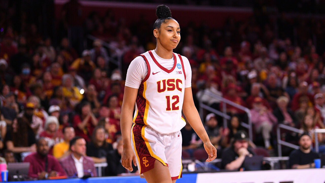 LOS ANGELES, CA - MARCH 22: USC Trojans guard JuJu Watkins (12) looks on during the UNC Greensboro Spartans game versus the USC Trojans in the first round of the NCAA Division I Women's Championship on March 22, 2025, at the Galen Center in Los Angeles, CA.