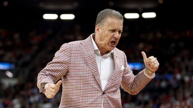 PROVIDENCE, RHODE ISLAND - MARCH 22: Head coach John Calipari of the Arkansas Razorbacks reacts against the St. John's Red Storm during the first half in the second round of the NCAA Men's Basketball Tournament at Amica Mutual Pavillion on March 22, 2025 in Providence, Rhode Island.