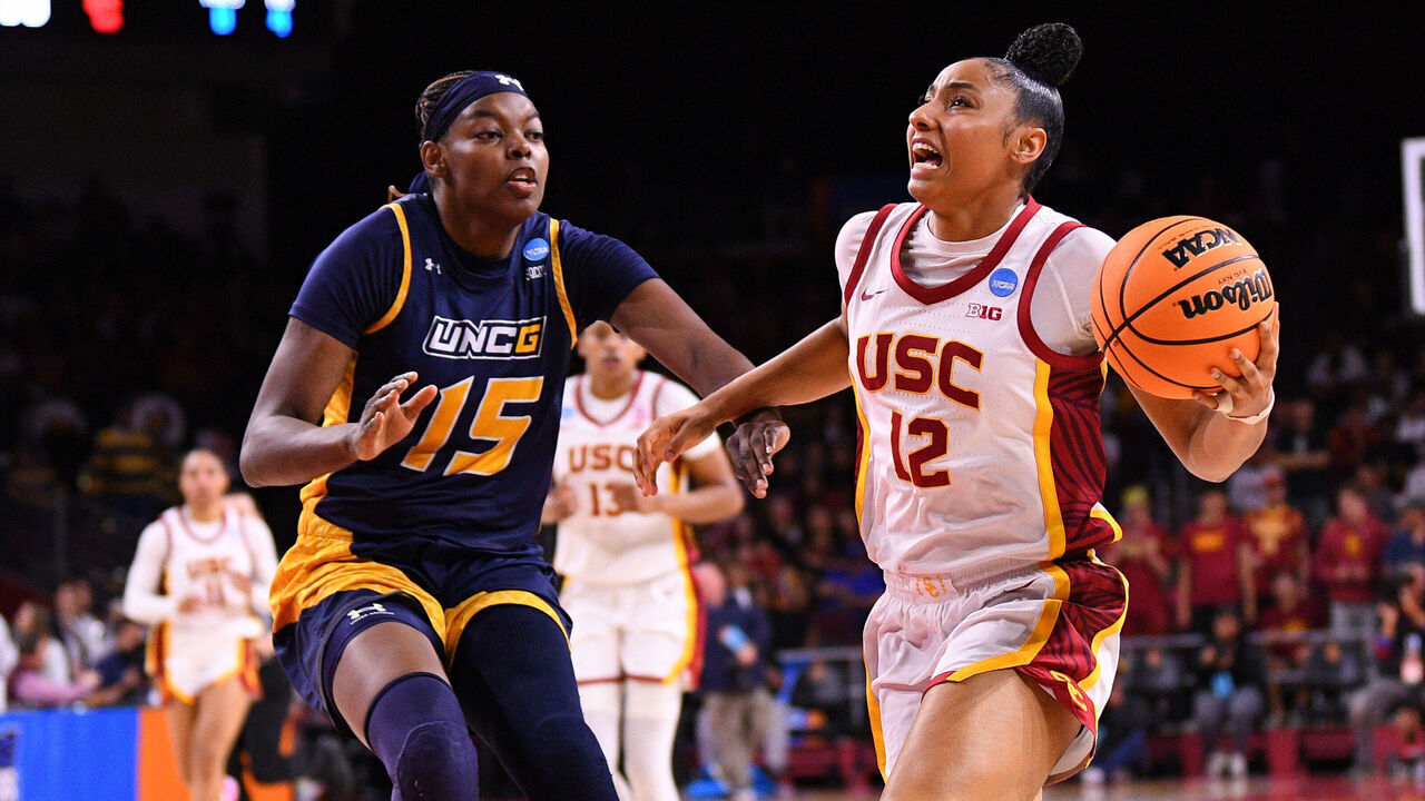 LOS ANGELES, CA - MARCH 22: USC Trojans guard JuJu Watkins (12) drives to the basket during the UNC Greensboro Spartans game versus the USC Trojans in the first round of the NCAA Division I Women's Championship on March 22, 2025, at the Galen Center in Los Angeles, CA.