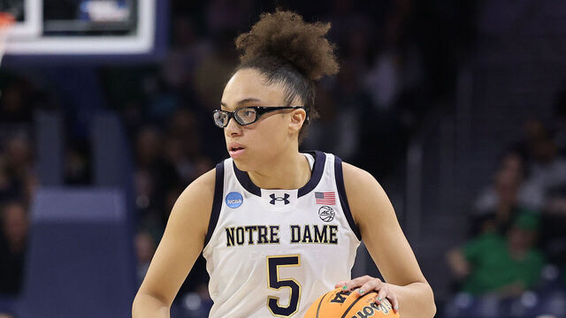 SOUTH BEND, INDIANA - MARCH 21: Olivia Miles #5 of the Notre Dame Fighting Irish dribbles against the Stephen F. Austin Ladyjacks during the first half in the first round of the NCAA Women's Basketball Tournament at Purcell Pavilion at the Joyce Center on March 21, 2025 in South Bend, Indiana.