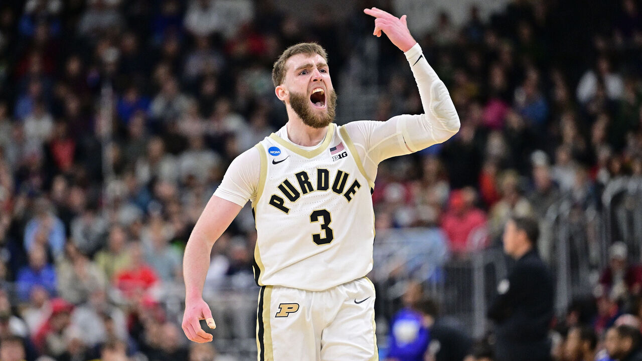 PROVIDENCE, RHODE ISLAND - MARCH 22: Braden Smith #3 of the Purdue Boilermakers celebrates a basket against the McNeese Cowboys during the second round of the 2025 NCAA Men's Basketball Tournament held at Amica Mutual Pavillion on March 22, 2025 in Providence, Rhode Island.